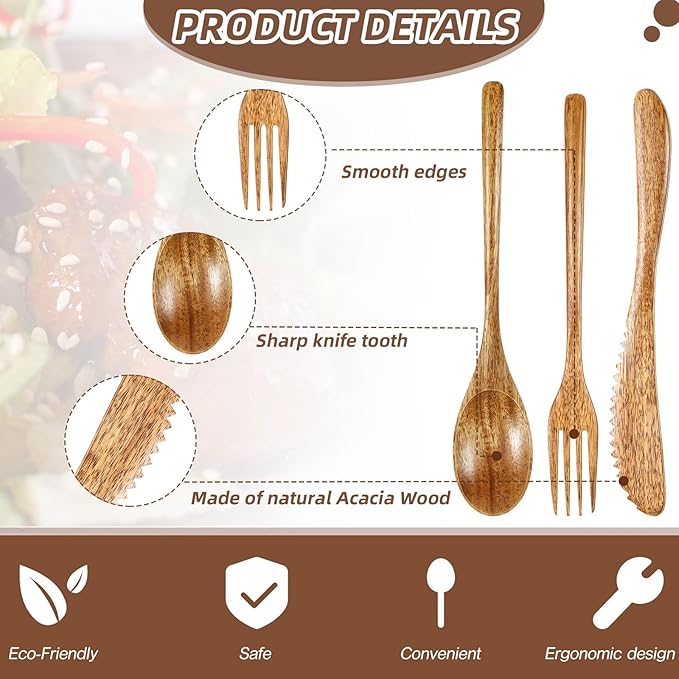 Geiserailie 24 Pcs Wooden Utensils for Eating Set Wooden Spoon Fork Knife Cutlery Set Kitchen Wood Utensils Dinner Flatware Tableware (Acacia Wood)