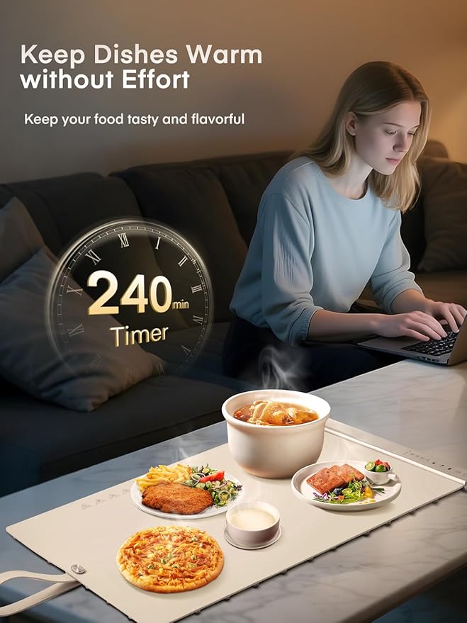 FOHERE Warming Mat for Food, Fast Full Surface Electric Warming Tray with Upgrade Temperature Settings, Food Grade Silicone Nano-Material, 4H Timer, for Buffet Party and Home Daily Use
