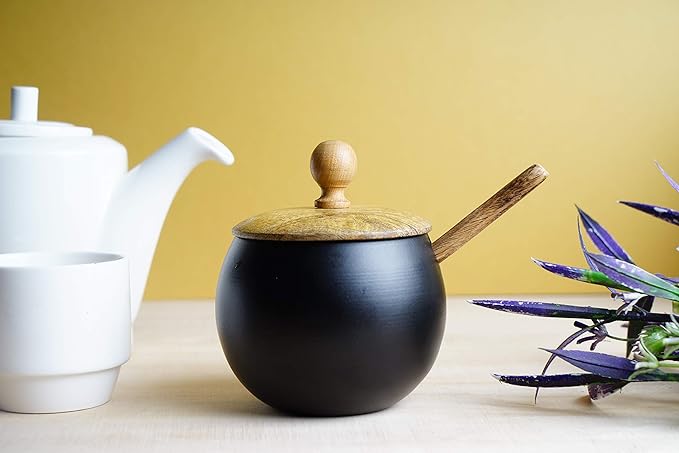 GoCraft Sugar Bowl with Lid and Spoon – Matte Black Ceramic Sugar Container with Wooden Lid, Drum Shape Sugar Jar for Kitchen, Coffee Bar, Tea, Spices & Condiments