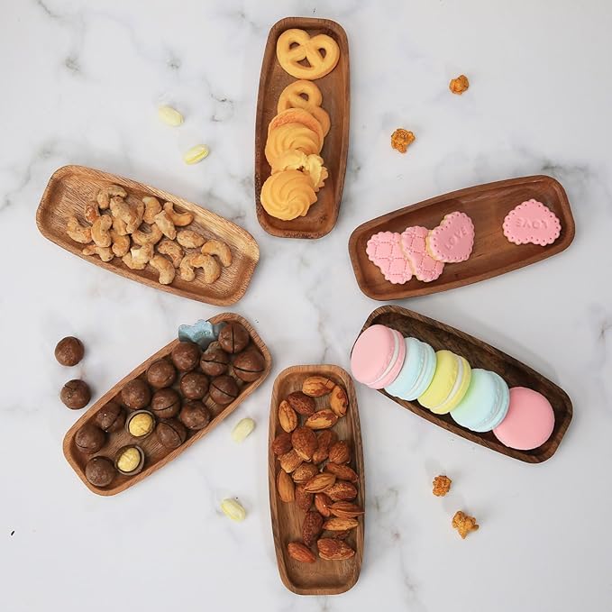 Mini Wooden Serving Platters and Trays, Solid Acacia Wood Oval Serving Tray for Food/Snacks/Appetizer, Wooden Trays for Jewelry, also as Mini Charcuterie Board and Cheese Platter (6 PCS)
