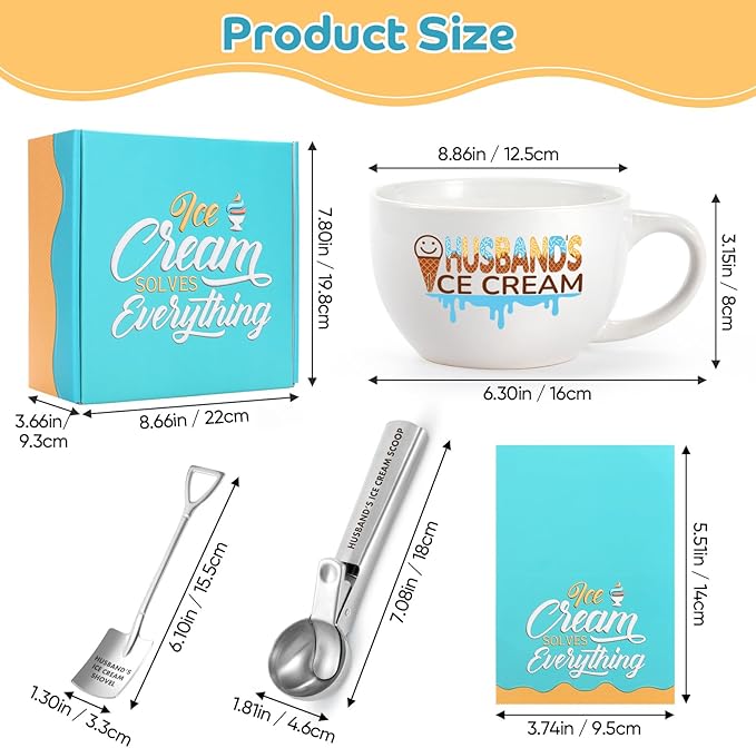 Christmas Gifts for Husband from Wife, Husband's Gifts for Valentine's Day,Anniversary,Birthday, Ice Cream Bowl and Scoop Set with Shovel – Funny Husband Present