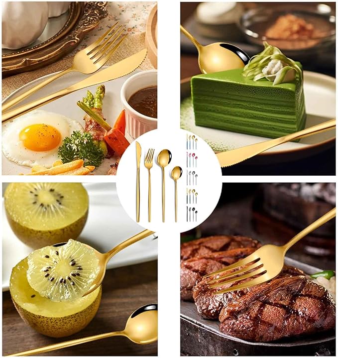 24 Piece Dining Service for 6, Kitchen Utensil Serving Set Include Knives/Forks/Spoons for Tableware, Formal Events, Parties, Dishwasher Safe(Size:A,Color:Gold)