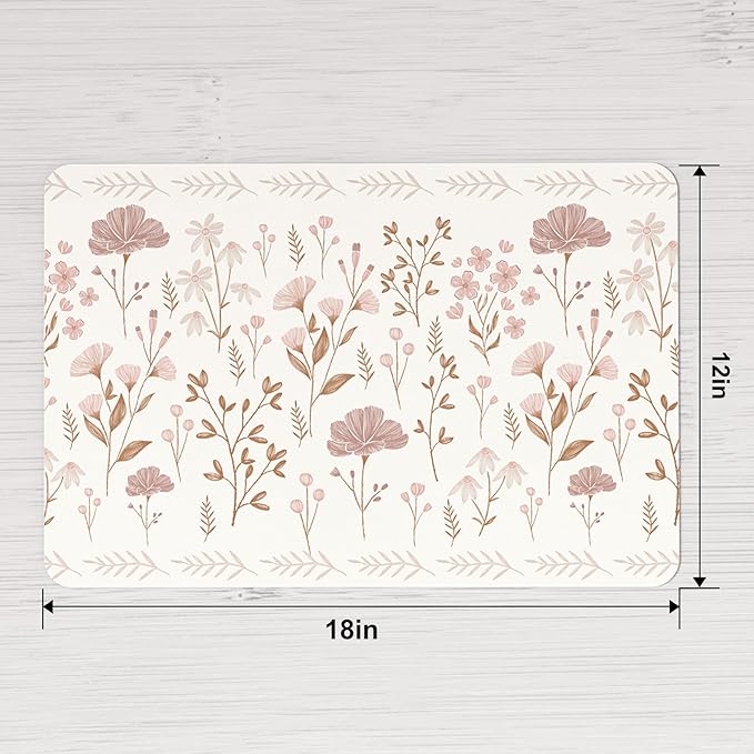 QIYI Placemats Set of 6, 12x18 Inch PU Leather Place Mats for Kitchen Dinning, Heat Resistant Anti Slip Floral Table Mats, Waterproof Wipeable Washable Placemat Party Beige Table Décor, Pink Flowers