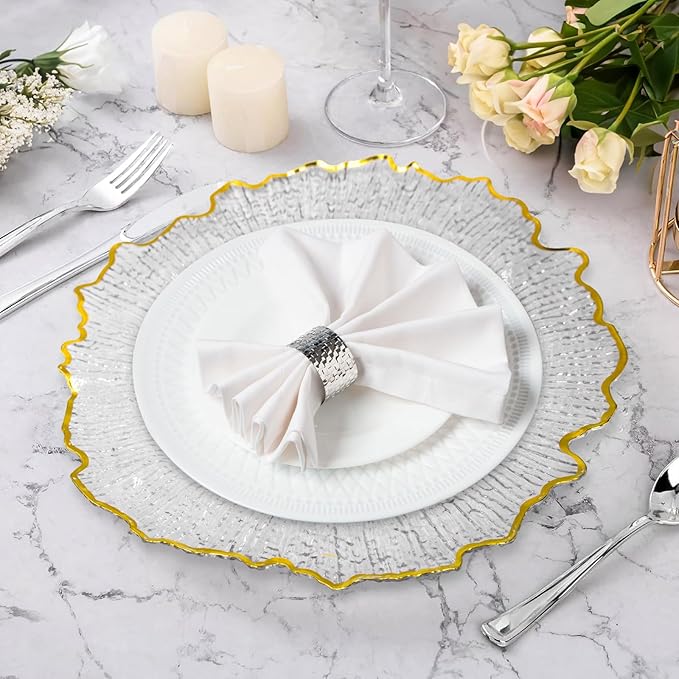 MAONAME 13" Clear Charger Plates, Round Reef Chargers for Dinner Plates, Plastic Plate Chargers for Table Setting, Wedding Decor, Set of 12