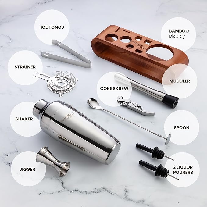 Mixology & Craft Bartender Kit: 10-Piece Cocktail Shaker Set with Dark Bamboo Stand | Complete Cocktail Kit Gift Set | Top Bartender Gifts for Men & Women | Leak-Proof Design (Silver)
