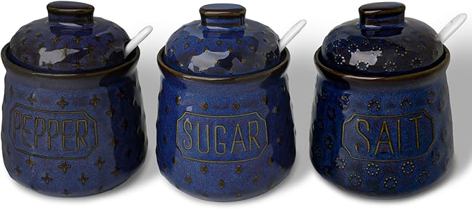 GDCZ 10 Oz Sugar Pepper and Salt Bowls with Lid and Spoon, Ceramics Seasoning Container, Seasoning Jar Spice Container for Kitchen,Dishwasher Safe, Set of 3 (Blue)