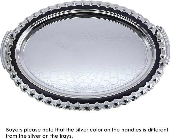 (Pack of 2) 17.8 inch x 13 inch Oval Chrome Plated Silver Serving Tray Stylish Design Floral Engraved Blue Edge Party Decorative Birthday Gift Dessert Platter Plate NC-105