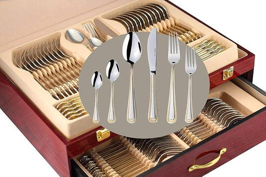 75-Piece Flatware Set for 12, Premium 18/10 Surgical Stainless Steel Silverware Cutlery Dining Service, 24K Gold-Plated Hostess Serving Set, Gift Wooden Storage Case (Pearls - Gold - 75pc)