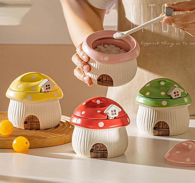 Ceramic Sugar Bowl with Lid & Spoon, Cute mushroom house design. Porcelain Seasoning Storage Jar, 14 Ounces. (Red)