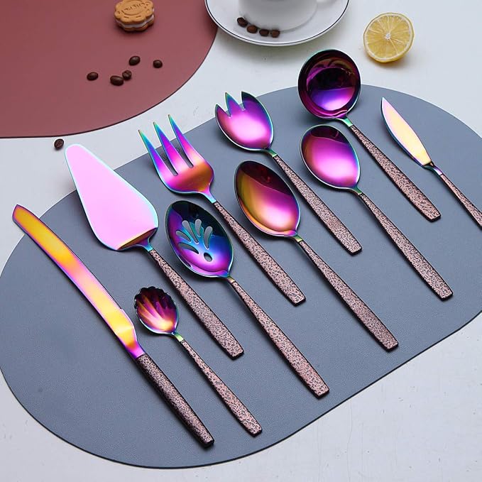 Berglander Silverware Serving Set 10 Pieces With Moon Surface Handle And Shiny Rainbow Mouth Titanium Plating, Stainless Steel Modern Colorful Flatware Serving Set Serving Spoons Serving Utensils
