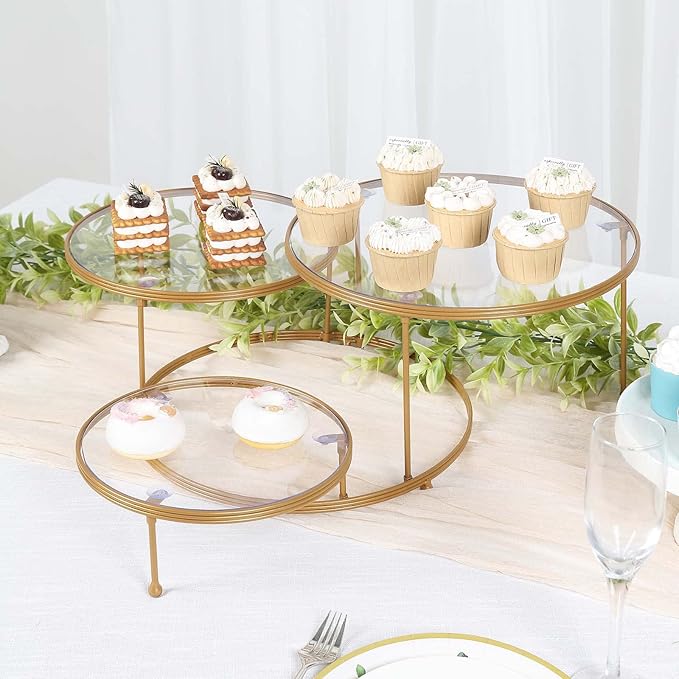 Tableclothsfactory 23" 3-Tier Gold Metal Cupcake Stand with Clear Round Acrylic Plates, Dessert Cake Display Holder