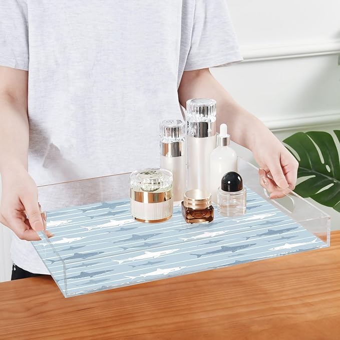 Serving Tray with Handles Clear Acrylic Tray 12x16 Inch Decorative Rectangular Tray Organizer for Ottoman Coffee Table Bathroom Blue Striped Sharks