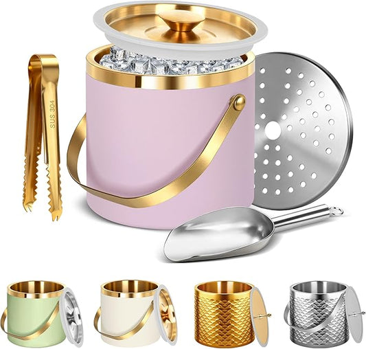 Ice Bucket, Ice Bucket with Silicone Sealing Ring Double-Wall Vacuum Insulation Champagne Buckets with Filter Layer Ice Tongs Ice Scoop (Purple, 3 L)