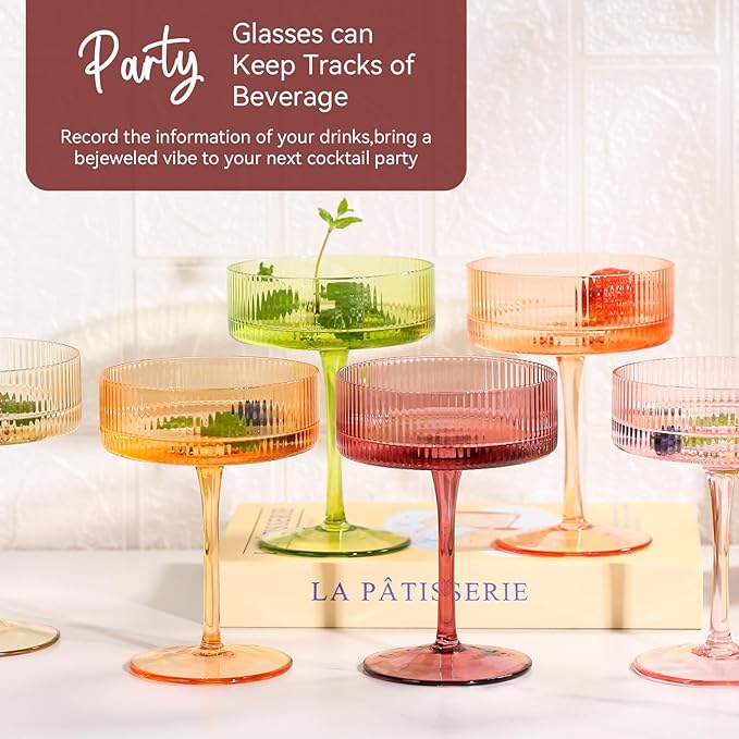 Cyrelwing 9 oz Colored Coupe Glasses Set of 6 Ribbed Colorful martini Glasses for espresso dessert