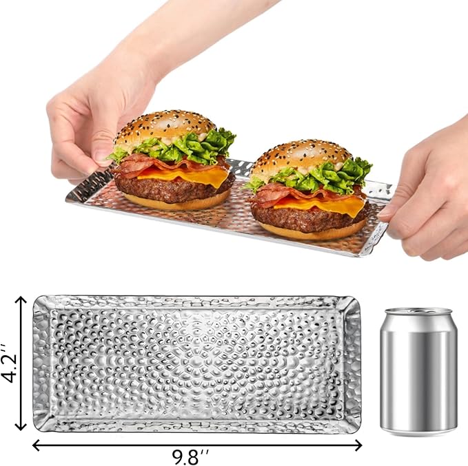 4 Pieces Hammered Silver Tray, Small Stainless Steel Appetizer Platter, 9.8 Inch Decorative Jewelry Dish Vanity Organizer for BBQ, Towel, Candle, Perfume, Cosmetic