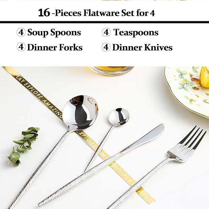 Silverware Set for 4, 16 Piece, Food Grade Stainless Steel Flatware Set, Hammered Cutlery Set For Home Kitchen Restaurant Hotel, Mirror Polished Serving Utensils Set, Forks/Steak Knife/Spoons