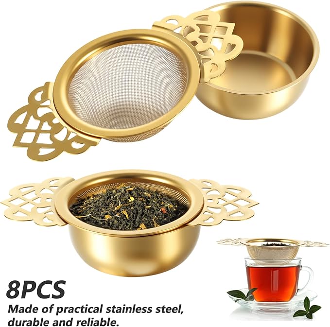 8 Pack Tea Strainer Bowl, 304 Stainless Steel Tea Drain Strainer Tea Filter Mesh Tea Drip Bowls Teapot Strainers With Petal Handles Tea Divider for 2.5-4 Inch Cup Mouth (silver, gold)