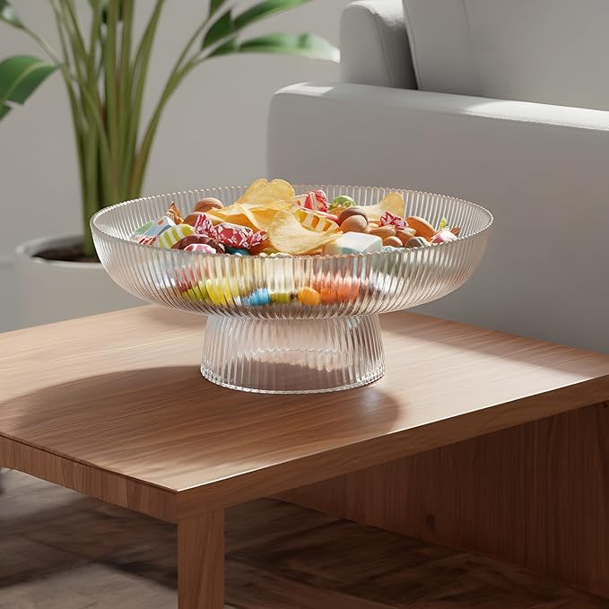Large Glass Fruit Bowl for Kitchen Counter Decorative Centerpiece Bowl for Table Home Déco, Clear Ribbed