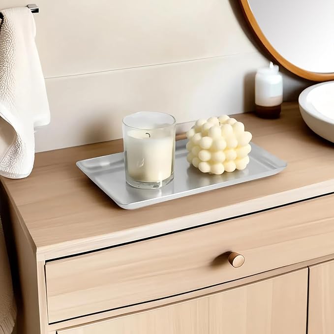 IMEEA Small Silver Tray SUS304 Stainless Steel Rectangular Tray — Countertop Organizer for Bathroom Vanity, Jewelry, Keys & Skincare (9.8" x 6")