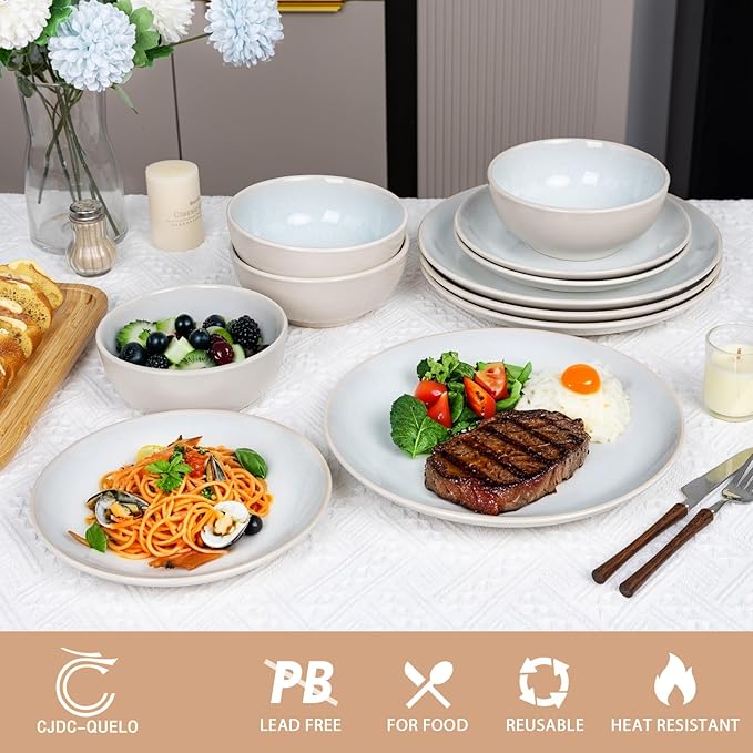 Plates and Bowls Sets for 4 - CJDC-QUELO 16-Piece Stoneware Dinnerware Sets, Ceramic Dishware Set for Kitchen Use and Formal Dining, Chip and Scratch Resistant Microwave Dishwasher Safe, Off White