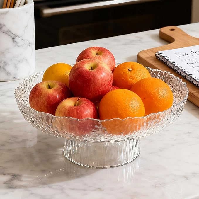 Large Glass Fruit Bowl for Kitchen Counter Decorative Centerpiece Bowl for Table Home Déco, Clear Hammered