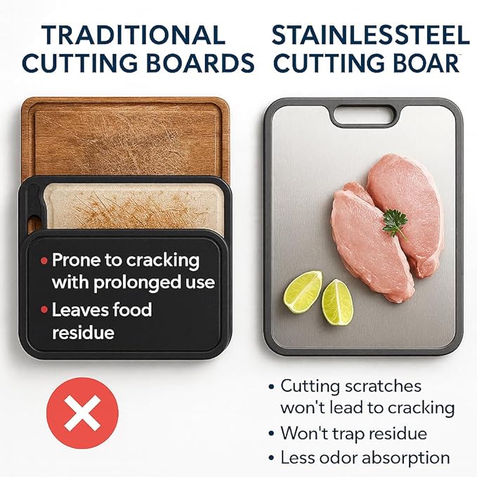 Stainless Steel Cutting Board, Metal Cutting Board 15"x10", Double-Sided Steel Chopping Board, Hygienic Non-Porous, Easy Clean Wheat Straw PP
