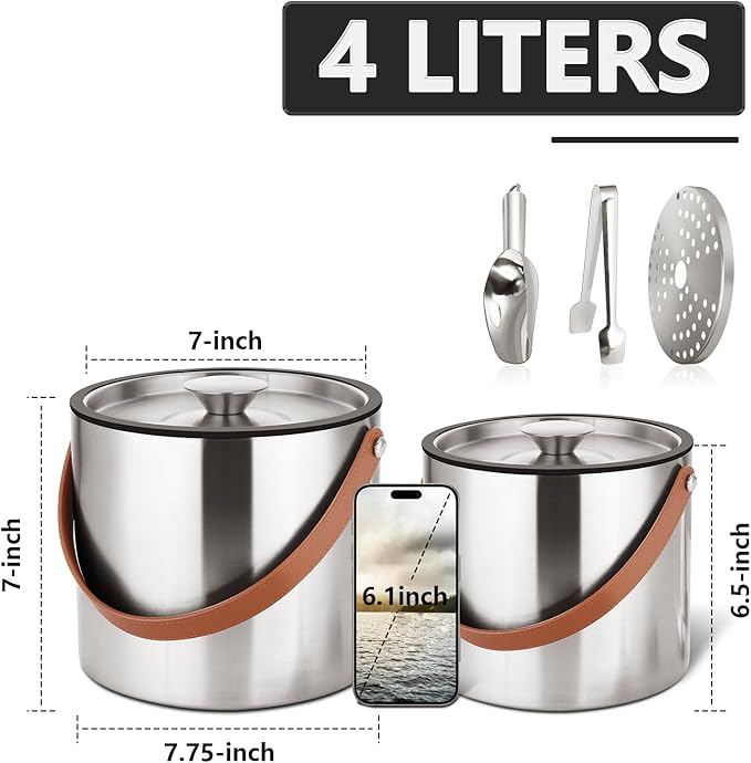 4L Ice Bucket with Lid, Scoop,Tongs & Strainer, Stainless Steel Double Wall Insulated Ice Buckets for Parties & Cocktail Bar, Large Outdoor Champagne Ice Container, Light Brown Handle