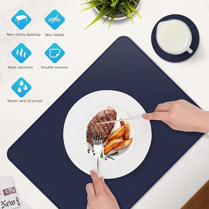 Vinyl Placemats Set of 6, Faux Leather Heat Resistant Kitchen Place Mats, Waterproof Wipeable Dining Table Mats and Coasters for Indoor, Outdoor (Navy Blue)