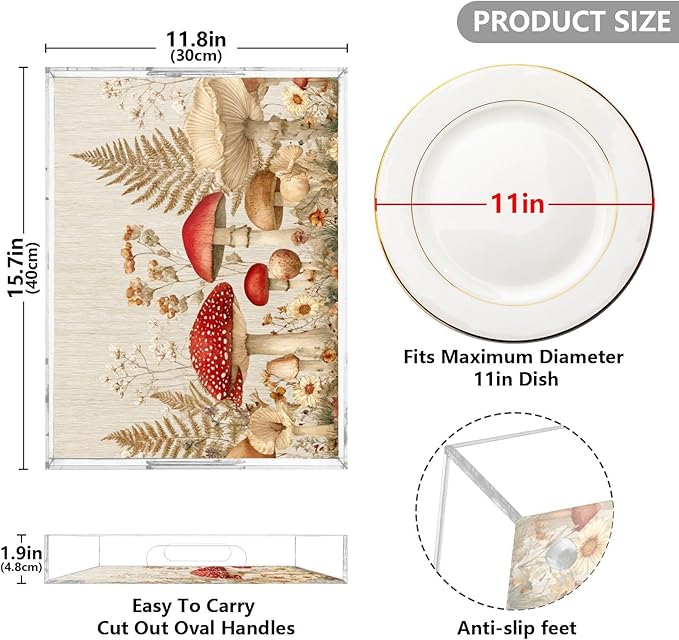 Serving Tray with Handles Clear Acrylic Tray 12x16 Inch Decorative Rectangular Tray Organizer for Ottoman Coffee Table Bathroom Watercolor Forestm Mushroom Beige