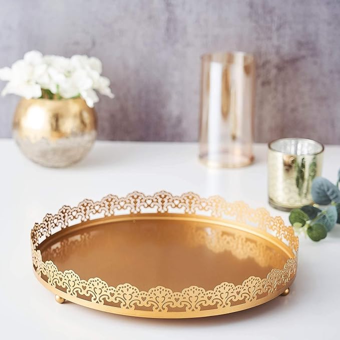 Plastic Round Premium Decorative Serving Tray with Embellished Rims - Gold