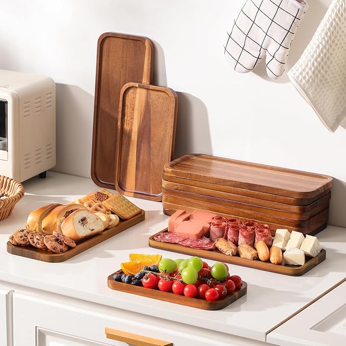 Solid Acacia Wood Serving Trays and Platters - Wooden Mini Charcuterie Boards, Rectangle Small Cheese Board for Food, Bathroom, Home Decor, Kitchen Counter, (14"x5.5", 6 Pack)