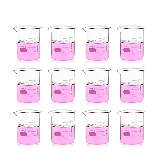 12pcs 150ml Upgrated Thick Glass Beakers, Griffin Low Form Beaker Set with Double Scale, 3.3 Boro, LVA007
