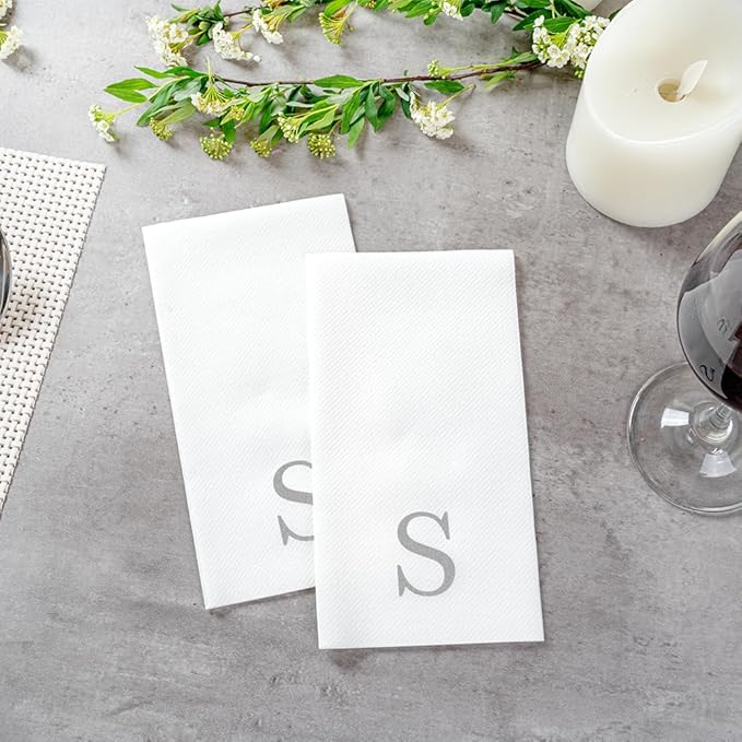 Luxenap 15.8 X 7.9 Inch Linen-Feel Guest Towels, 2000 Lettered Hand Towels - Silver Letter 'S', Sans Serif Font, White Paper Dinner Napkins, airlaid, For Restrooms And Tables - Restaurantware