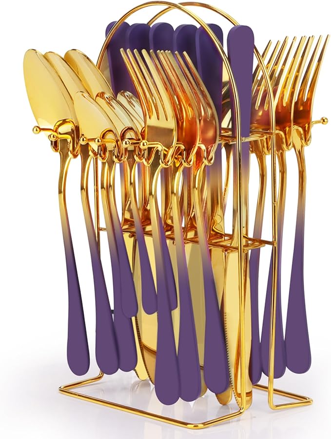24 Pieces Flatware Set, Stainless Steel Cutlery Set with Silverware Holder, Modern Gold Silverware Set Includes Dinner Knives Forks Spoons,Hanging Silverware Set Service for 6 (Purple)