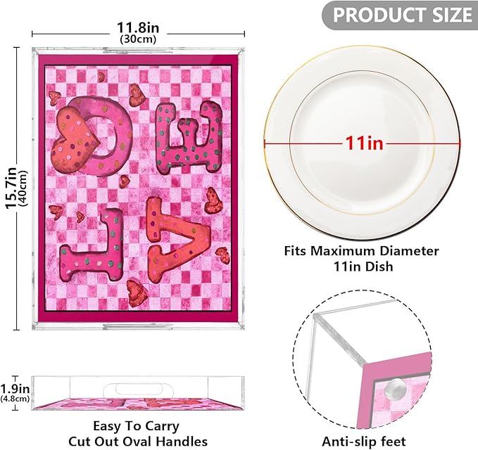 Serving Tray with Handles Clear Acrylic Tray 12x16 Inch Decorative Rectangular Tray Organizer for Ottoman Coffee Table Bathroom Pink Checkered Valentine Love Hearts