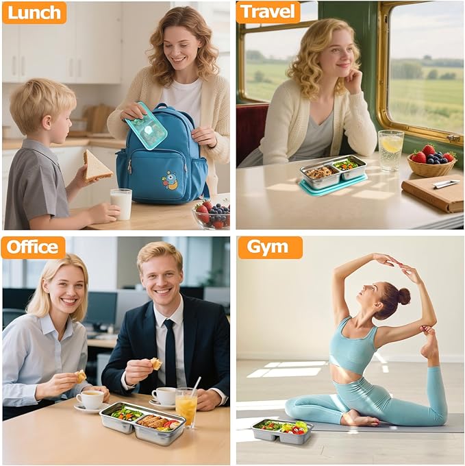 Stainless Steel Snack Containers with Lids, Reusable Bento Lunch Container Box, Food Storage, Leak Proof, Dishwasher-Safe, Grab and Go for Work, 6 Pack (Double Compartment)