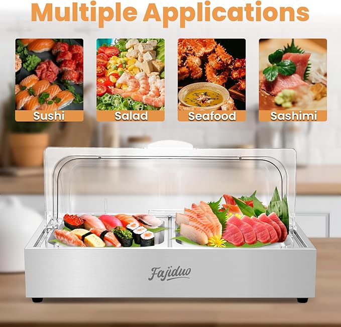 Ice Food Serving Display Tray, Cold Serving Plate with Clear Roll Top, 5QT Stainless Steel Food Serving Tray, Cooling Food Dishes Display Plate for Home, Buffet, Restaurant, Party