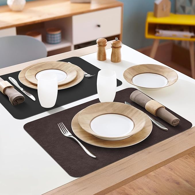 Faux Leather Placemats Set of 6, Vinyl Placemats Wipeable Waterproof Oil-Proof Table Mats, Heat Resistant Place Mats for Kitchen Indoor Outdoor, 16.9 x 11.8 Inch (Choco Brown/Black)