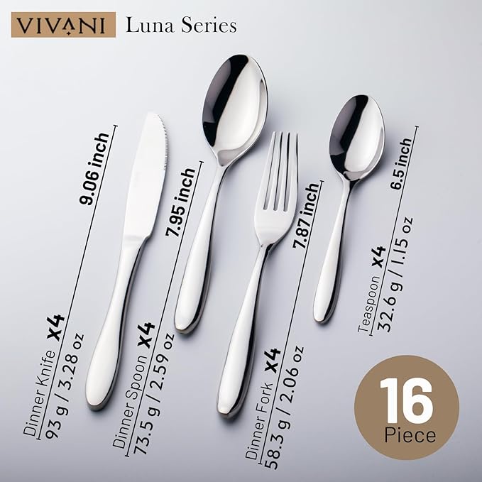 VIVANI 16 Piece Slender Silverware Set for 4, Forged Stainless Steel Flatware Set with Steak Knives, Waterdrop Handle Cutlery Set for Home, Hotel, Dishwasher Safe, New Home Gift