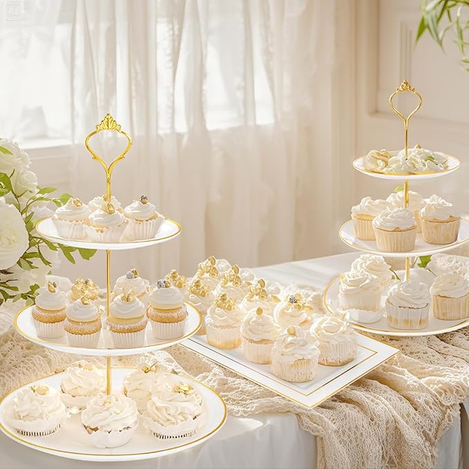 Supernal 3 Tier Cupcake Stands, 6pcs Plastic Trays, 4Pack Cupcake Dessert Stand, Party Tray Set, Cake Platters Includes 6 pcs Pastry Tray,4 pcs Round Cake Trays