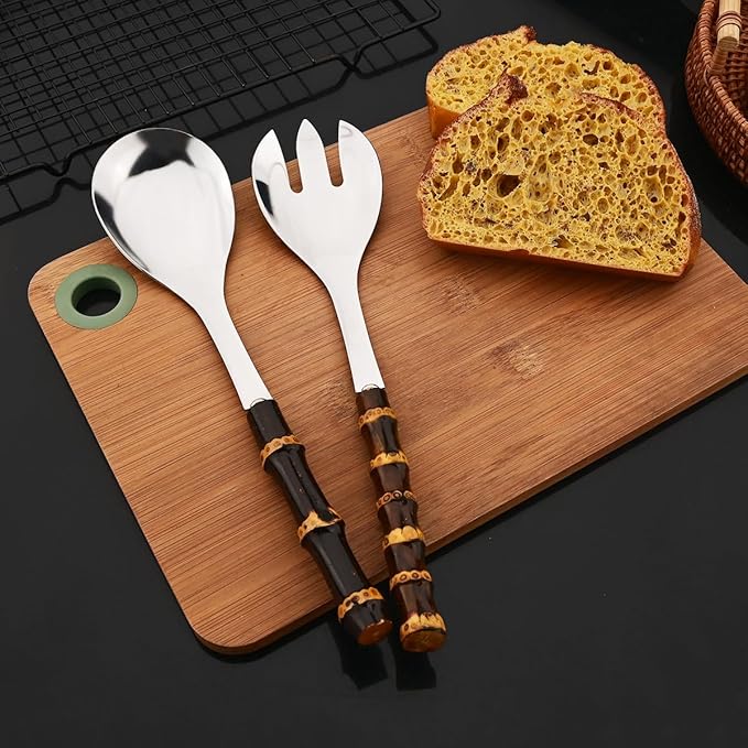 JASHII 4-piece Stainless Steel Flatware Cutlery Serving Set Silverware Knife Fork Spoon Set Black Bamboo Handle Dishwasher Safe for Dinner Buffet