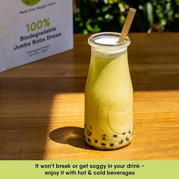 – 70 PCS of 9.80 Inches Unwrapped Biodegradable Jumbo Boba Straws – Made of Vegetable Fibers, Best Environment Friendly Drinking Straws for Hot and Cold Beverages