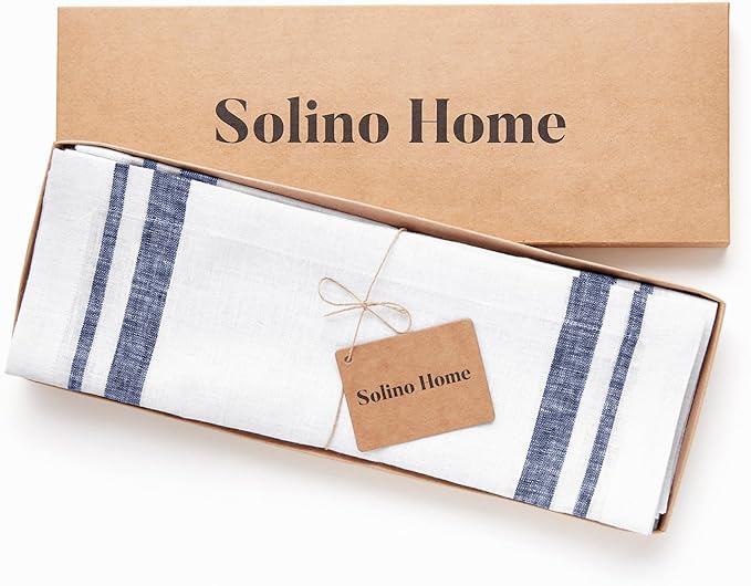 Solino Home Linen Placemats Set of 4 - French Stripe Navy and White Placemats 14 x 19 Inch - 100% Pure Linen Table Mats for Holiday, Winter