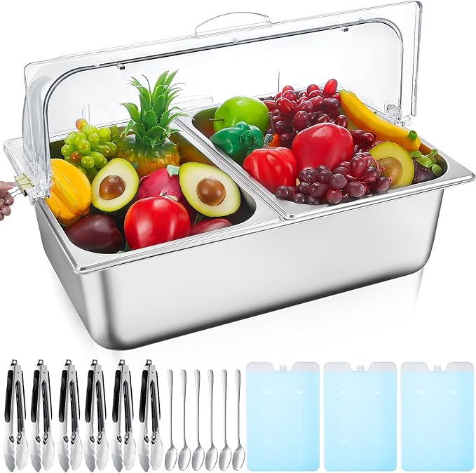 Tessco for you 16 Pcs Ice Food Spice Serving Display Countertop Chilled Condiment Container Set with Lid, Stainless Steel Salad Cold Caddy for Buffet Restaurant Kitchen Party(2 Compartments)