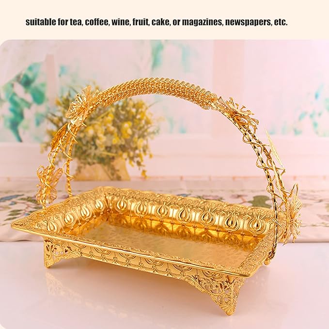 Dioche Vintage Style Coffee Serving Tray - Elegant Gold Color Zinc Alloy Metal Serving Tray for Home, Bar & Cafe - Decorative Tea, Appetizer, & Platter Use