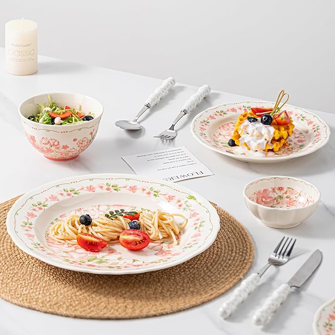 16 Piece Dinnerware Sets for 4， Scratch Resistant,microwave oven and Dishwasher Safe Plates and Bowls Sets Ceramic, Dish Set, Bowl and Plate Set -Pink peach blossom pattern