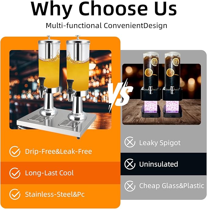 1 Gallon Commercial Beverage Dispenser with Centre Ice Core and Stand Drip Trays Stainless Steel Cold Drink Dispenser for Parties Pub Cafeteria Restaurant Home Hotel (silver, double head)