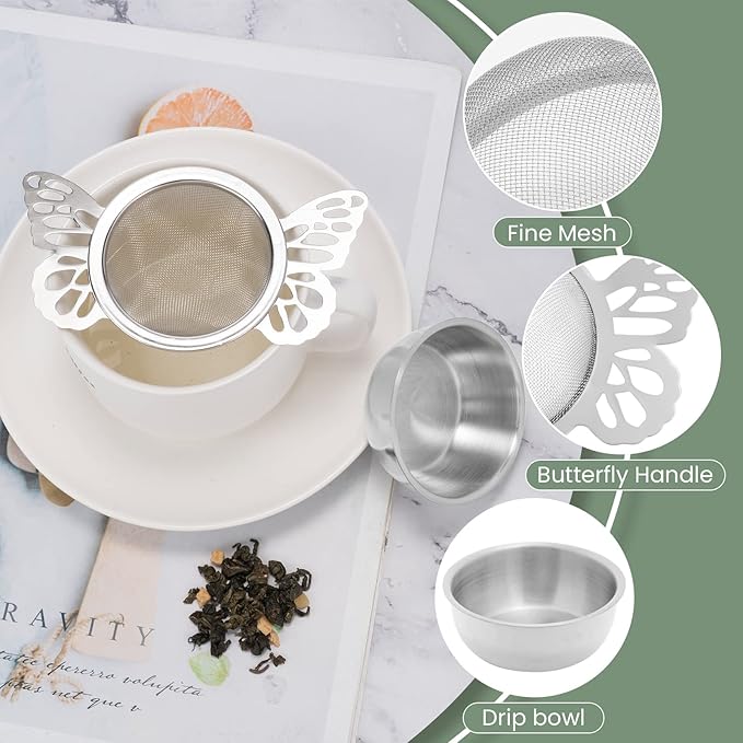 VEIREN 2 Pieces Tea Strainers with Drip Bowl Stainless Steel Loose Leaf Tea Filter with Butterfly Handle Reusable Fine Mesh Tea Interval Diffuser for Loose Leaf Coffee Herbal Spice(Style B, Silver2)