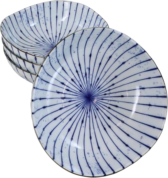 Ebros Gift Artistic Blue Waves Fubuki Tokusa Made In Japan Dinnerware Serveware Kitchenware Set Asian Japanese Restaurant Supply (Pack Of 4 Round Flair Medium Shallow Bowls 44oz)