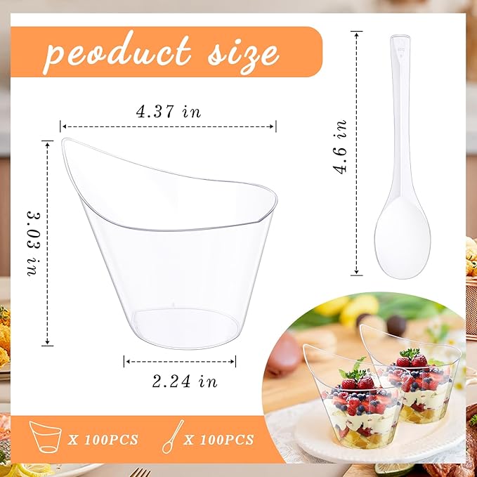 tchrules 100 Packs 7oz Dessert Cups with 100 Spoons, Yogurt Parfait Bowls for Parties, Clear Plastic Appetizer Cups,for Fruit Chocolate Pudding and Ice Cream